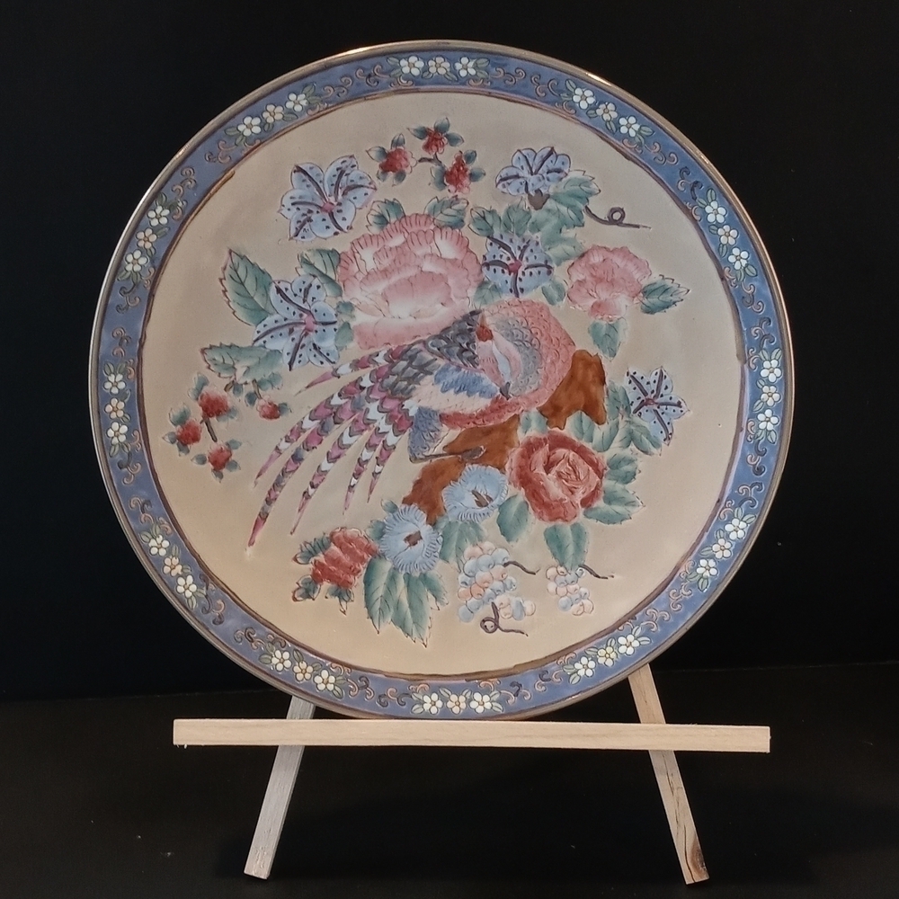 Hand painted decorative plate with phesant and floral